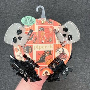 Glow in the Dark Skull and Bat Halloween Hair Clip Set- Medium